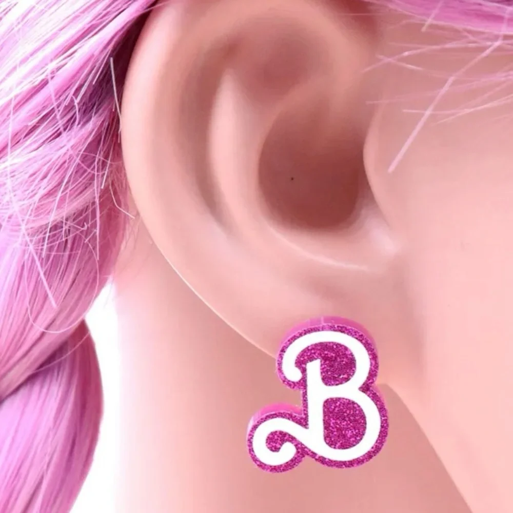 “Barbie Pink Glitter Logo” B Mattel Doll Dolly Toy Figurine Girly Feminine Studs